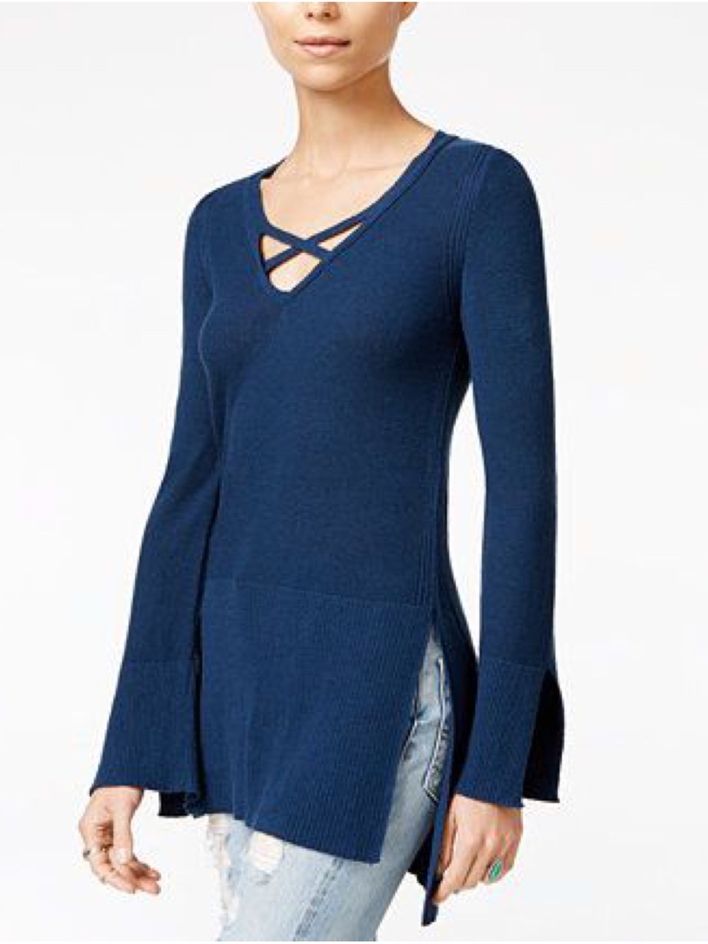 Free People Blue Criss Cross Tunic Sweater Size XS EUC